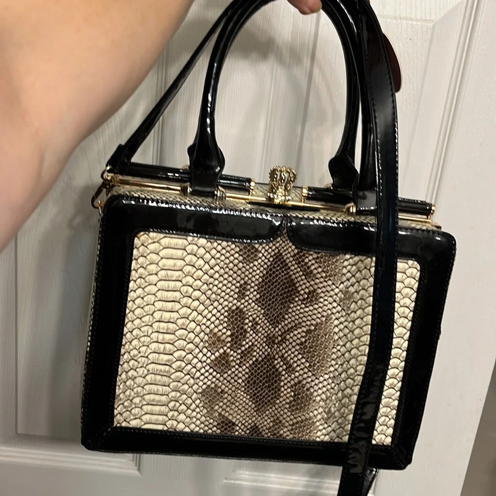 Rimen  & Co brown serpent print patent leather bag removable crossbody strap